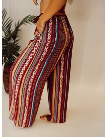 Ethnic pattern stripe pattern with waistband wide leg pants