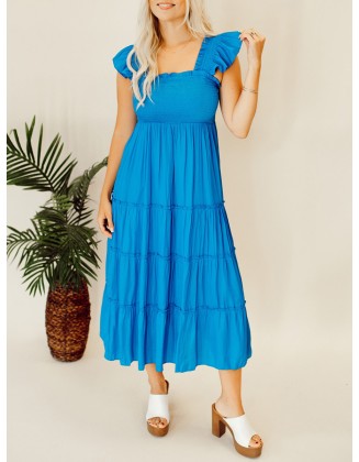 Blue pleated ruffled mid length dress
