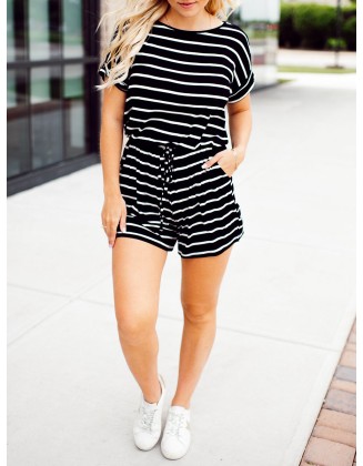 Black and white striped drawstring jumpsuit shorts